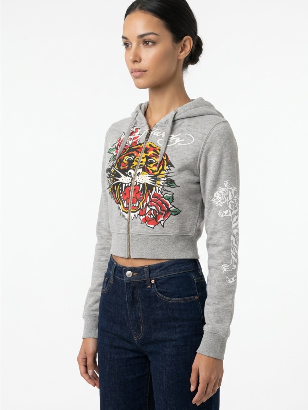 Ed Hardy Grey Cropped Tiger & Rose Zip Hoodie